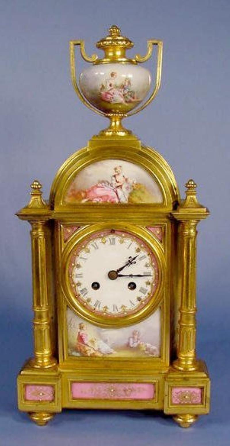 French Dore & Painted Porcelain Shelf Clock