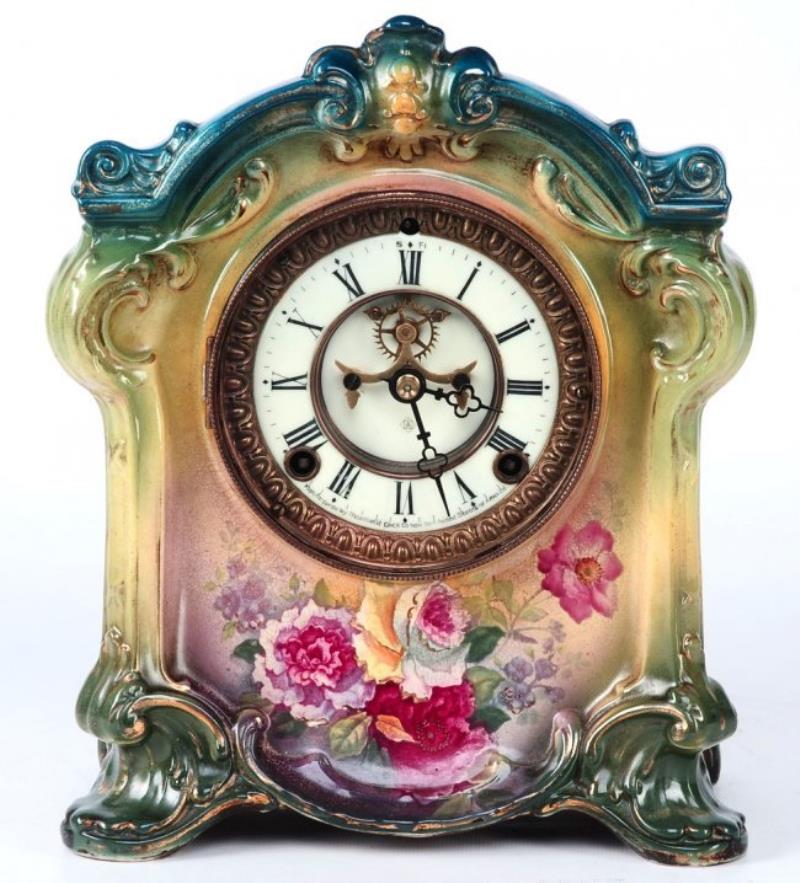 ANSONIA ROYAL BONN CHINA CASE CLOCK WITH WILD ROSES