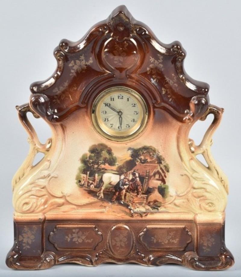 GERMAN CERAMIC CLOCK, HORSE SCENES