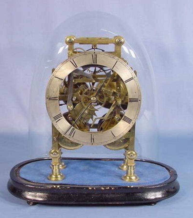 2 Train Brass Skeleton Clock w/Glass Dome