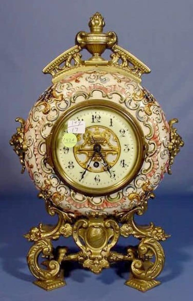 English Majolica & Metal Parlor Clock