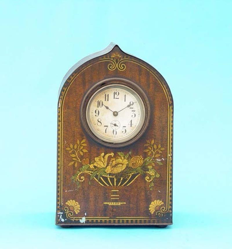 German Paint Decorated Tin Mantel Clock