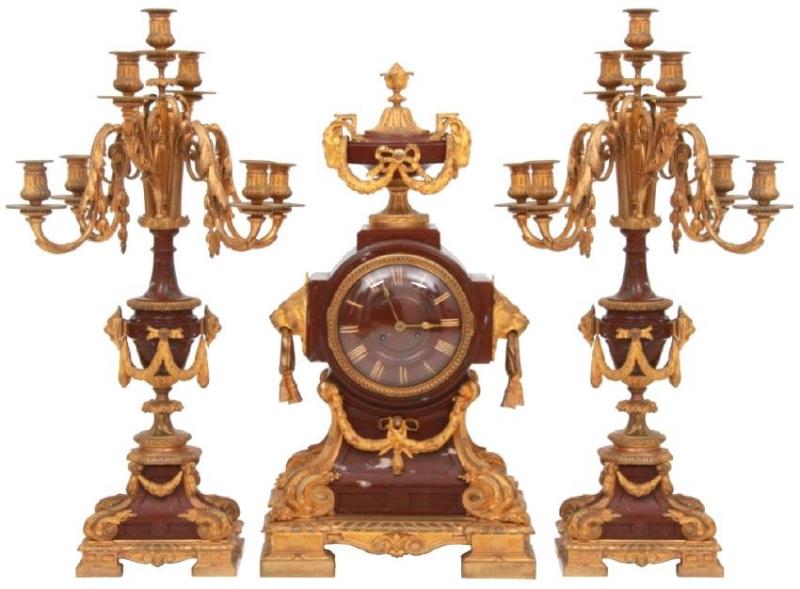 3 Piece French Marble & Bronze Clock Set