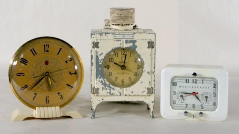 3 Electric Clocks Incl. G. E. Metal Refrigerator