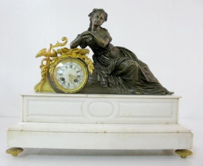 A.D. Mougin French Mantle Clock, Bronze & Marble