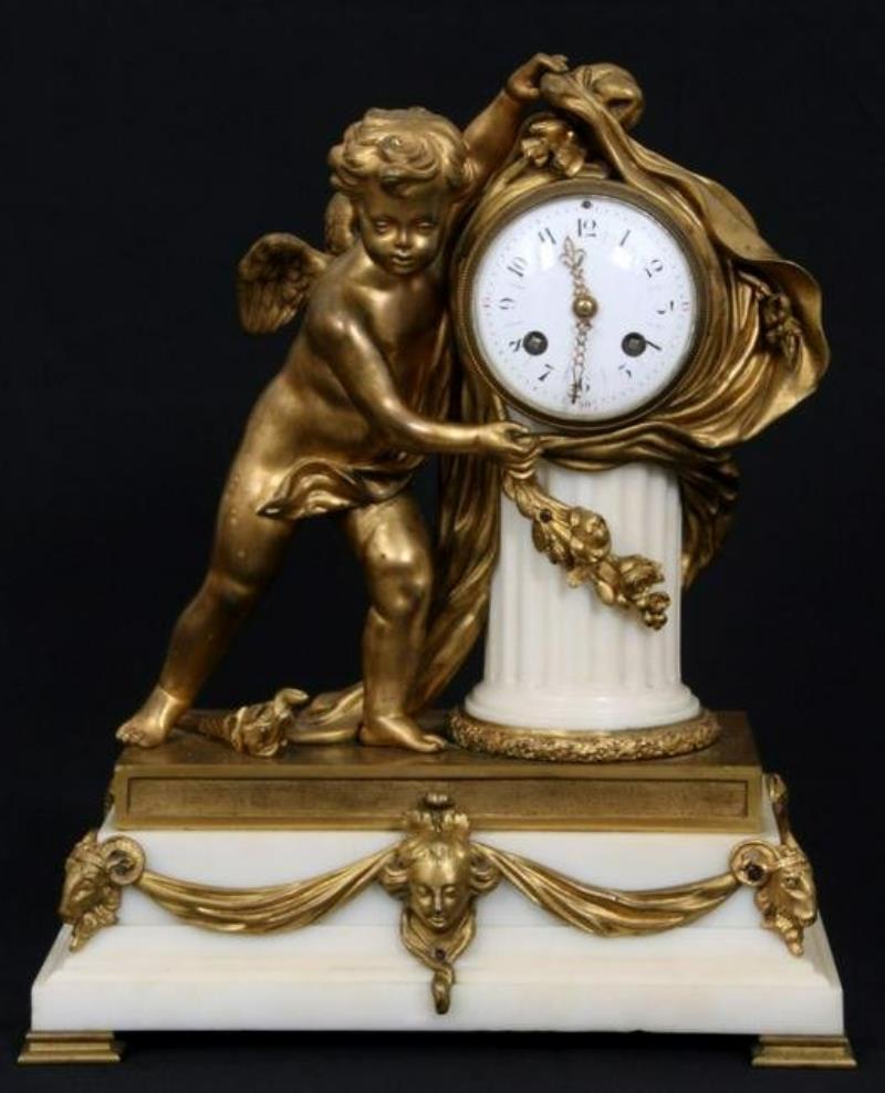 French Gilt Bronze & Carrera Marble Mantle Clock