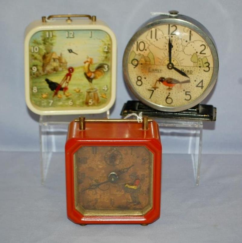 3 Vintage Metal Alarm Clocks. 1.) Smith alarm with