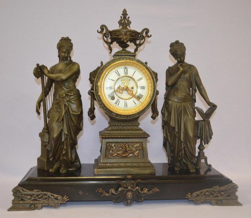 Antique Ansonia Music & Poetry Double figure Clock