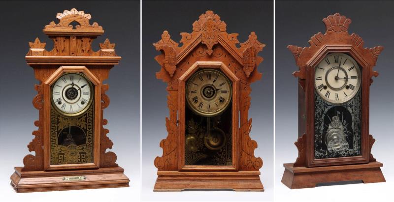 THREE FANCY OAK AND WALNUT FANCY PARLOR CLOCKS