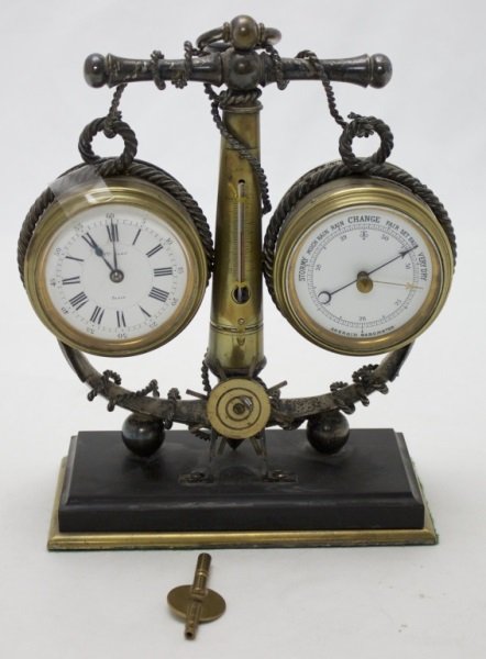 19thC French Brass Nautical Desk Clock & Barometer
