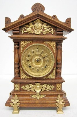 Ansonia Cabinet “C” Clock, Oak W/ Metal Trim