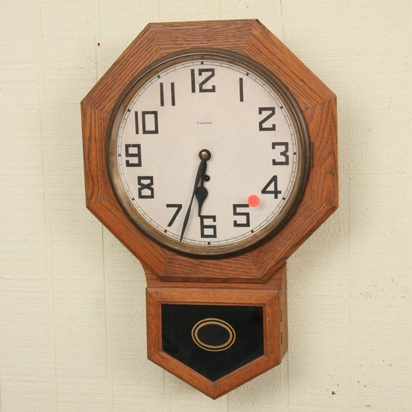 C1900 octagon schoolhouse wall clock, oak, “Water