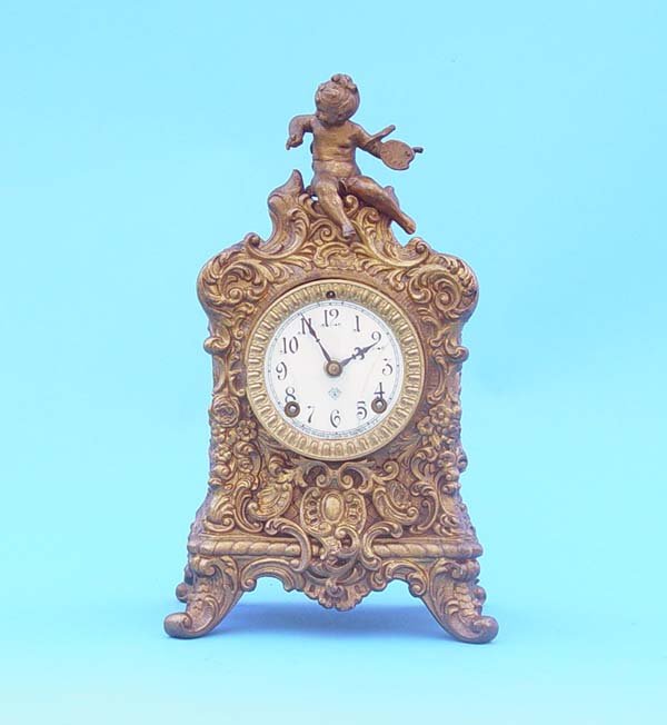 Ansonia Gilt Metal Putti Artist Mantel Clock