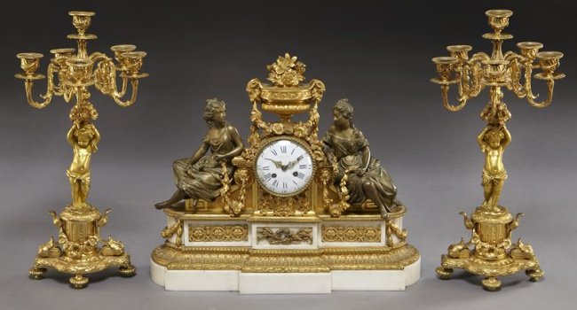 3 Pc. French gilt bronze and marble figural clock