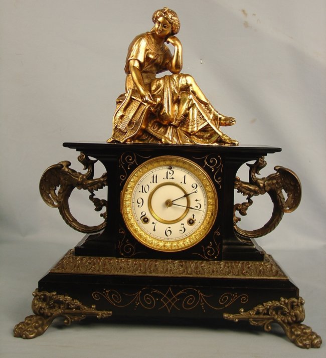 Ansonia Belgium Clock with gargoyles and topper, 20