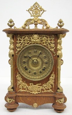 Ansonia Cabinet “B” Clock, Oak W/ Metal Trim