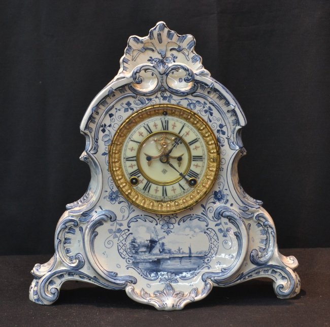 ANSONIA DELFT PORCELAIN CLOCK WITH OPEN