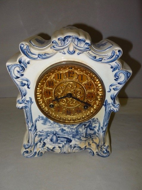 Ansonia Choctaw Delft China Case Clock