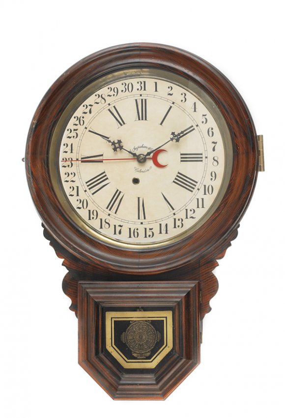 Ingraham rosewood Dew Drop calendar clock, 24” h.