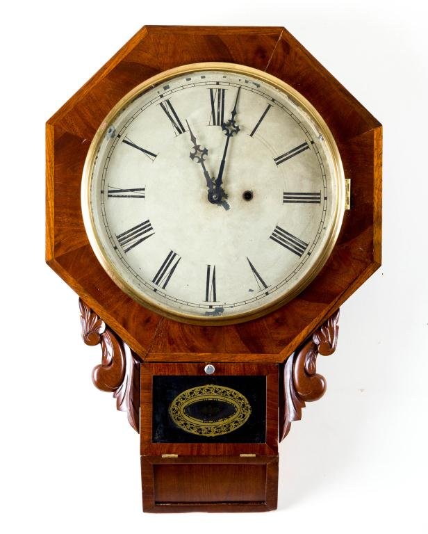 OCTAGONAL MAHOGANY SHORT DROP HANGING CLOCK