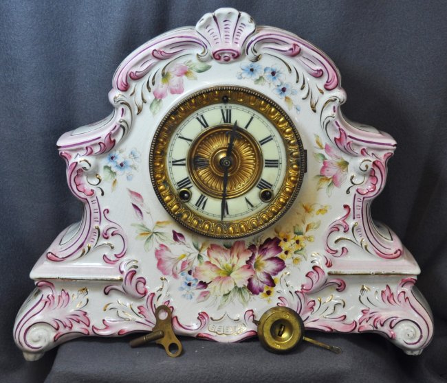 HTF ANSONIA 8 DAY MANTEL CLOCK PORCELAIN CASED DRESDEN