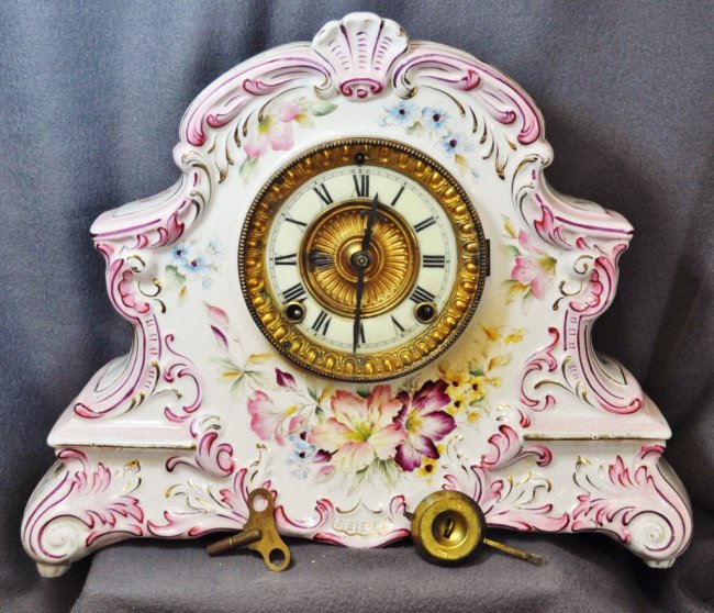 HTF ANSONIA 8 DAY MANTEL CLOCK PORCELAIN CASED DRESDEN