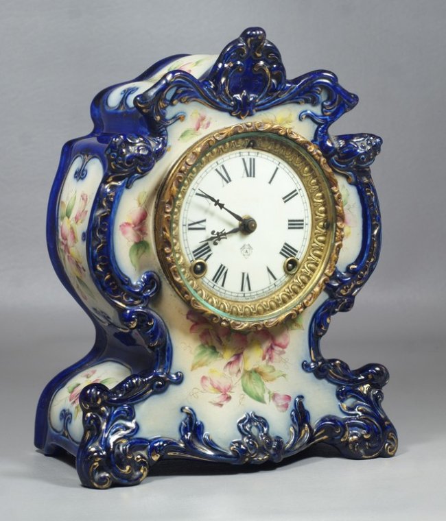 Ansonia blue floral china case clock, Winooski pattern,