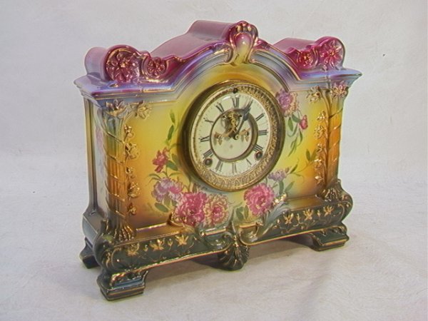 ROYAL BONN Ansonia Mantle Clock with Floral Case.