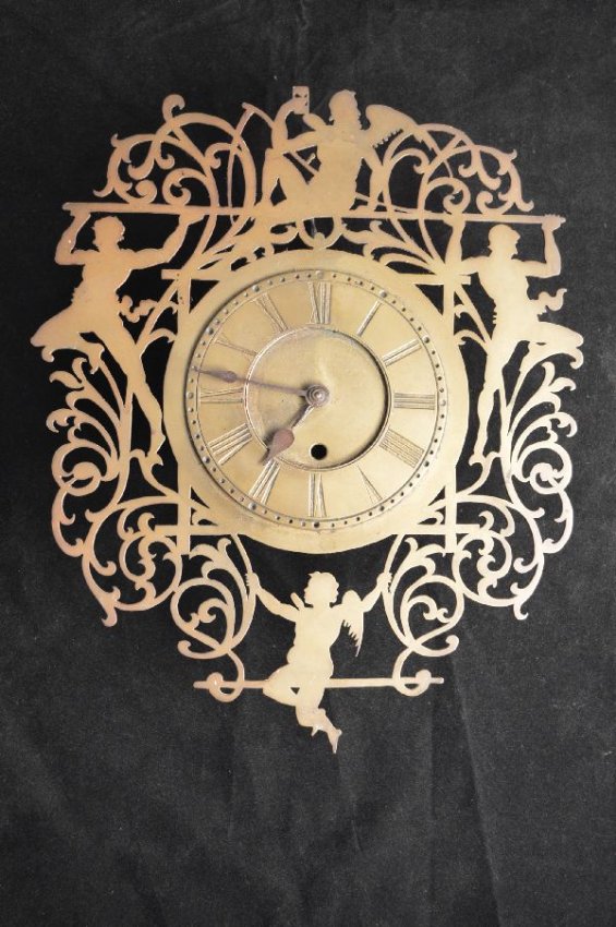 DATED 1880, FIGURAL BRASS FRET WORK WALL CLOCK BY T.E.