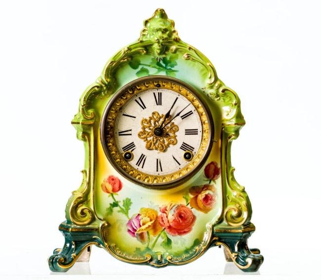 ROYAL BONN “LA RAMBLA” SHELFCLOCK W/ ANSONIA WORKS
