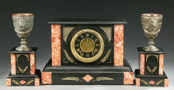 A SETH THOMAS BLACK MARBLE CLOCK GARNITURE. – 9 x