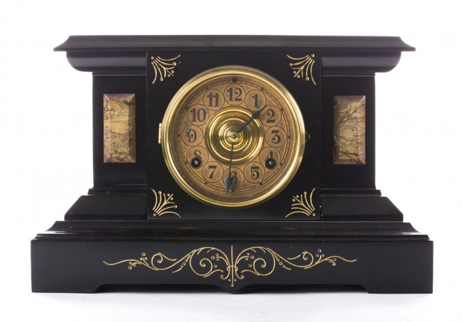 Waterbury black and marbled metal mantel clock