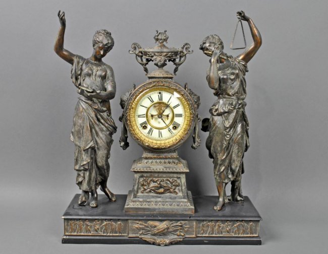 ANSONIA DOUBLE STATUE MUSES MANTEL CLOCK