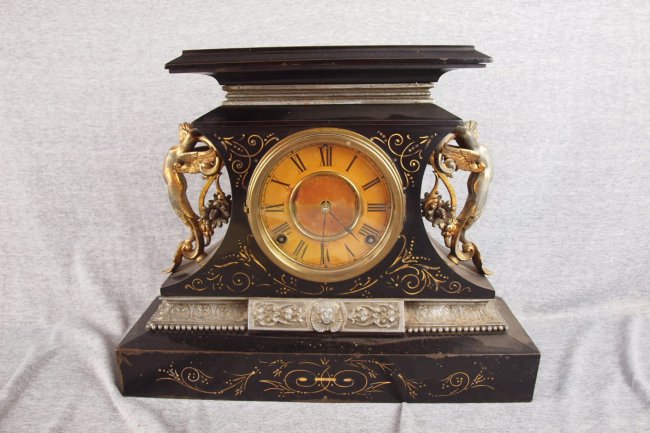 Ansonia black iron mantle clock with ormolu, “Ros