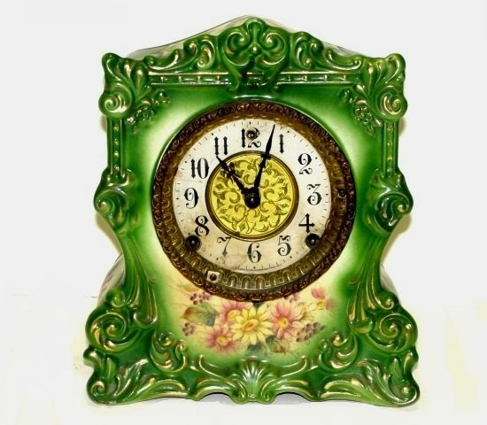 Porcelain Royal Bonn Style Green Cased Clock