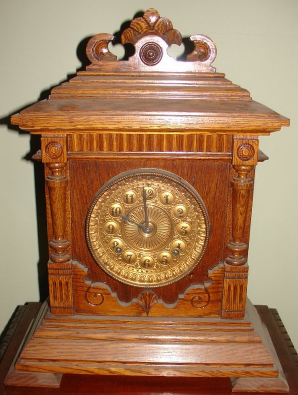 ANSONIA 8-DAY SHARON CARVED OAK MANTLE CLOCK W/G