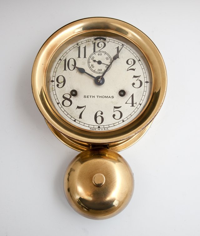 Seth Thomas Brass Ship’s Clock, 20th c., with bell,