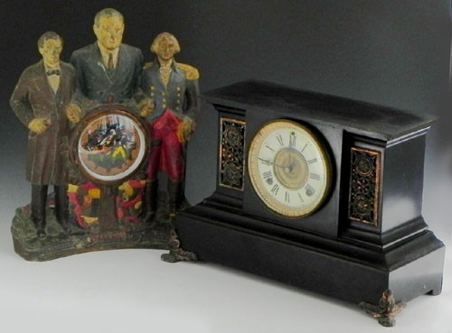 Two Mantel Clocks- an Ansonia cast iron temple For