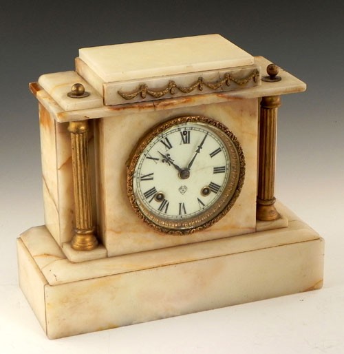 Ansonia White Onyx Temple Form Mantel Clock, c. 1