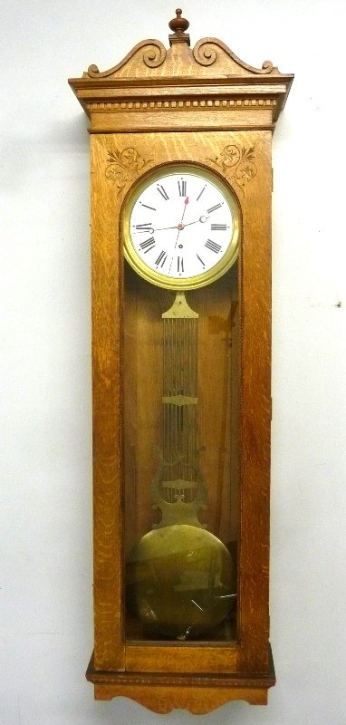 Circa 1900 1/4 Cut Oak New Haven Pin Wheel Regulator
