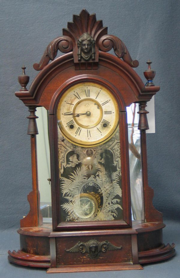 Ansonia Triumph walnut mantle clock with etched c