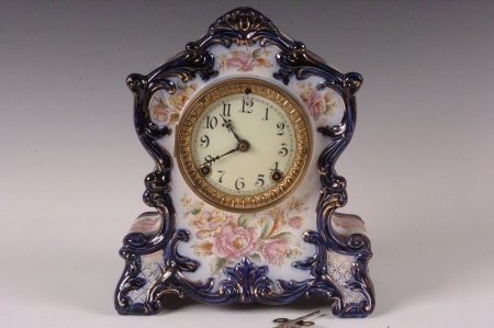 ANSONIA ‘WYOMING’ FLOW BLUE CHINA CASE CLOCK, A BEAUTY